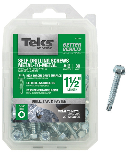 Teks 21344 Screw, #12 Thread, 1-1/2 in L, Coarse Thread, Hex Drive, Self-Drilling, Self-Tapping Point, Steel, Zinc [SKU: ORG4253720]