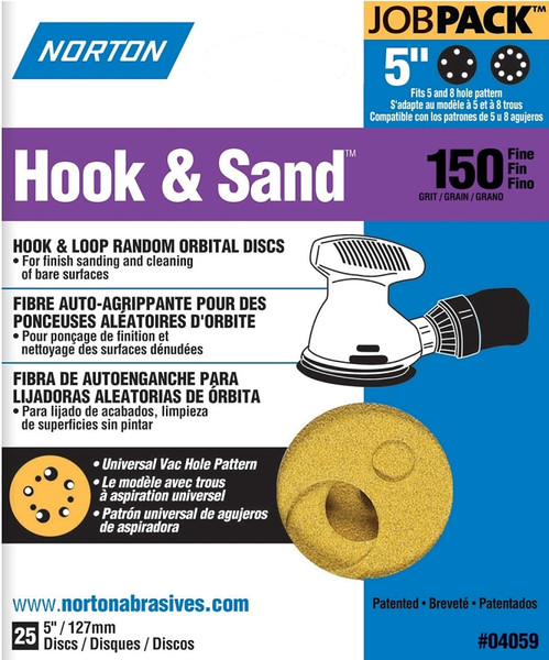 NORTON 04059 Sanding Disc, 5 in Dia, Coated, P150 Grit, Fine, Aluminum Oxide Abrasive, Paper Backing [SKU: ORG3309713]
