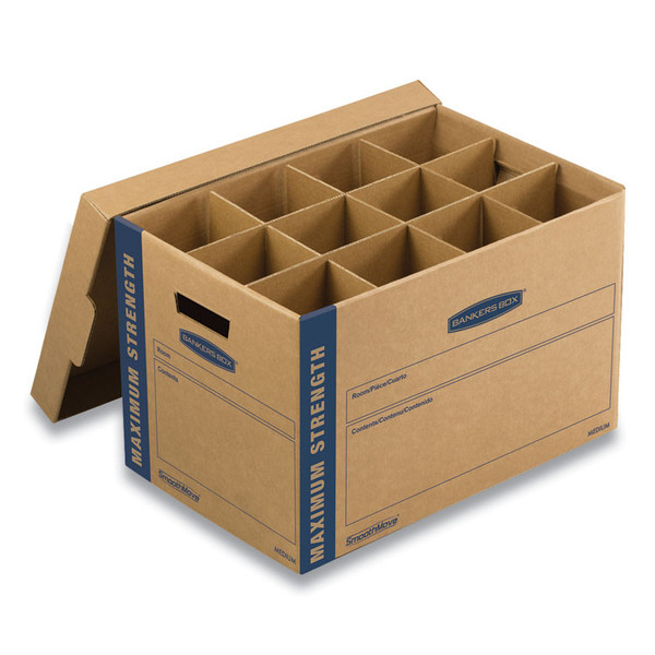 SmoothMove Kitchen Moving Kit with Dividers + Foam, Half Slotted Container (HSC), Medium, 12.25" x 18.5" x 12", Brown/Blue [SKU: FEL7710302]