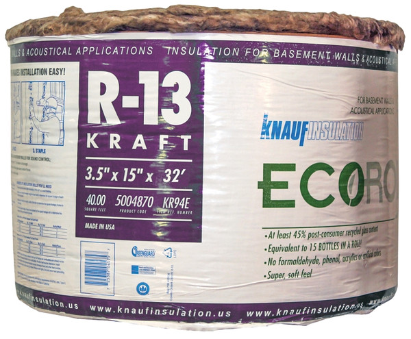 Knauf Insulation KR94E/TAK Kraft Faced Insulation, 32 ft L, 15 in W, R13 R-Value, Fiberglass [SKU: ORG7058639]