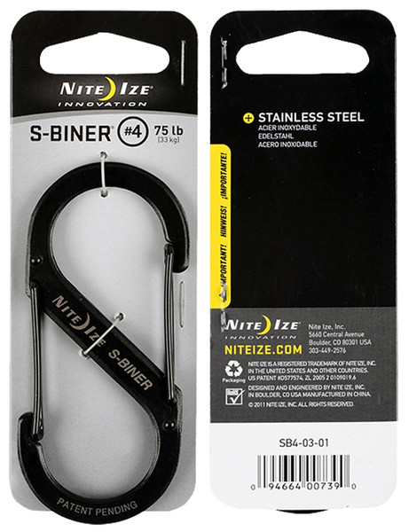 Nite Ize S-Biner Series SB4-03-01 Dual Carabiner, #4 Dia Ring, Stainless Steel, Black [SKU: ORG5576178]