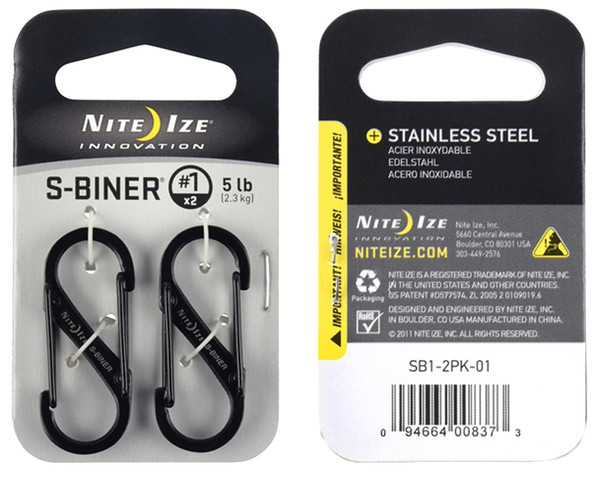 Nite Ize S-Biner Series SB1-2PK-01 Dual Carabiner, #1 Dia Ring, Stainless Steel, Black [SKU: ORG5576145]