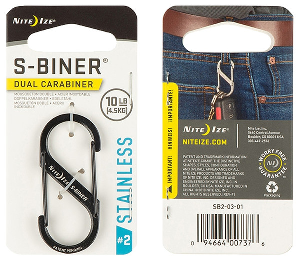 Nite Ize S-Biner Series SB2-03-01 Dual Carabiner, #2 Dia Ring, Stainless Steel, Black [SKU: ORG5576152]