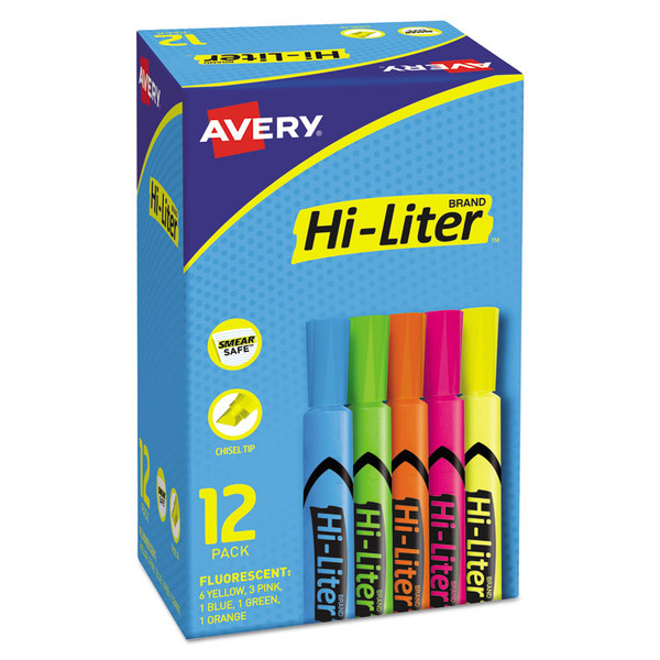 HI-LITER Desk-Style Highlighters, Assorted Ink Colors, Chisel Tip, Assorted Barrel Colors, Dozen [SKU: AVE98034]