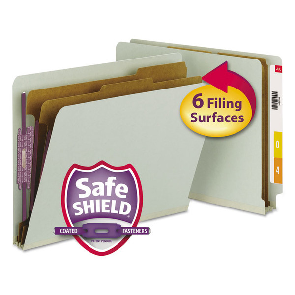End Tab Pressboard Classification Folders, Six SafeSHIELD Fasteners, 2" Expansion, 2 Dividers, Letter Size, Gray-Green, 10/BX [SKU: SMD26810]