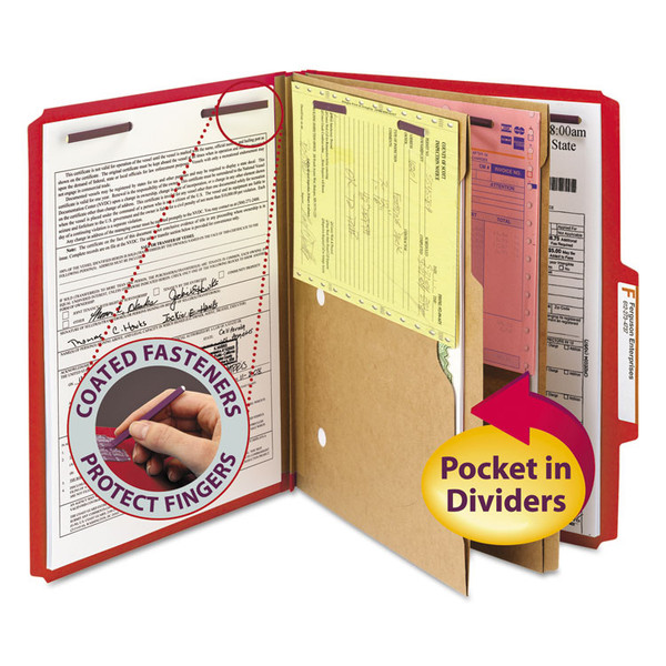 6-Section Pressboard Top Tab Pocket Classification Folders, 6 SafeSHIELD Fasteners, 2 Dividers, Letter Size, Bright Red,10/BX [SKU: SMD14082]