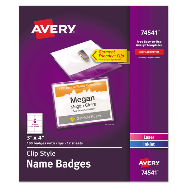 Clip-Style Name Badge Holder with Laser/Inkjet Insert, Top Load, 4 x 3, White, 100/Box [SKU: AVE74541]