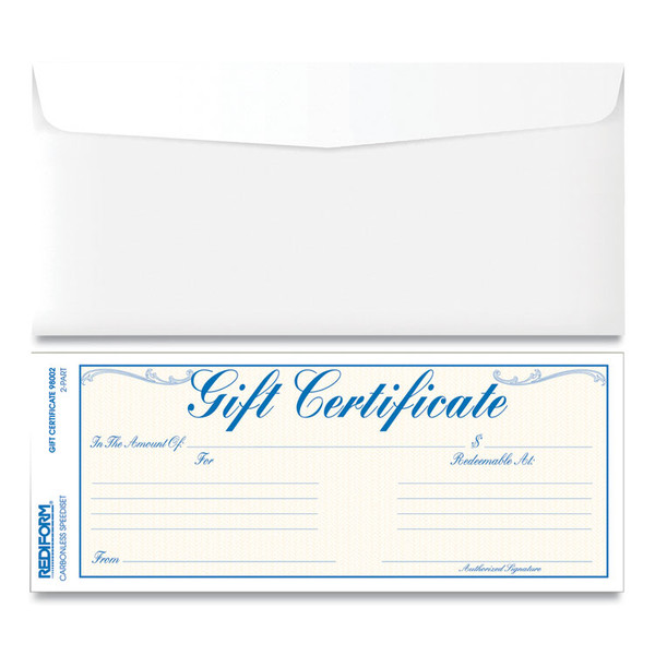 Gift Certificates with Envelopes, 8.5 x 3.67, Blue/Gold with Blue Border, 25/Pack [SKU: RED98002]