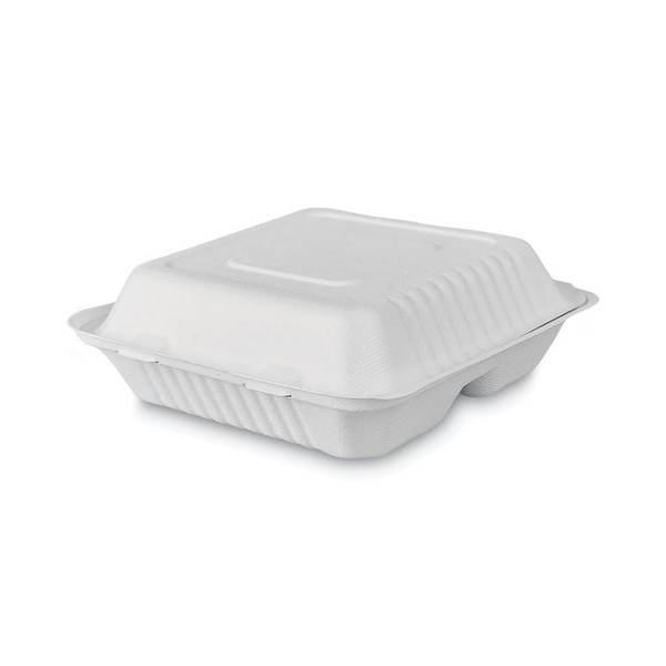 Tree-Free Farm to Paper Agricultural Waste Clamshell Container, 3-Compartment 8 x 8 x 3, White Sugarcane, 50/Pack, 6 Packs/CT [SKU: DFDPME01010]