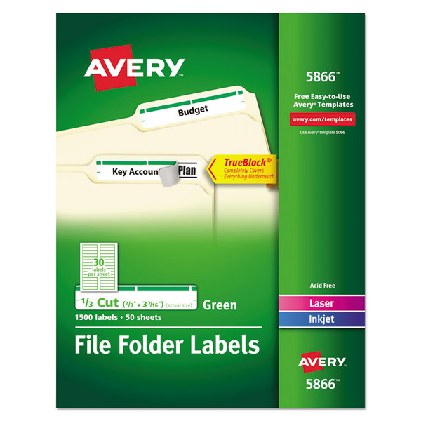 Permanent TrueBlock File Folder Labels with Sure Feed Technology, 0.66 x 3.44, White, 30/Sheet, 50 Sheets/Box [SKU: AVE5866]