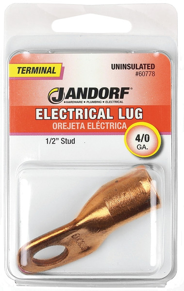 Jandorf 60778 Electrical Lug, 4/0 AWG Wire, 1/2 in Stud, Copper Contact, Brown [SKU: ORG3399334]
