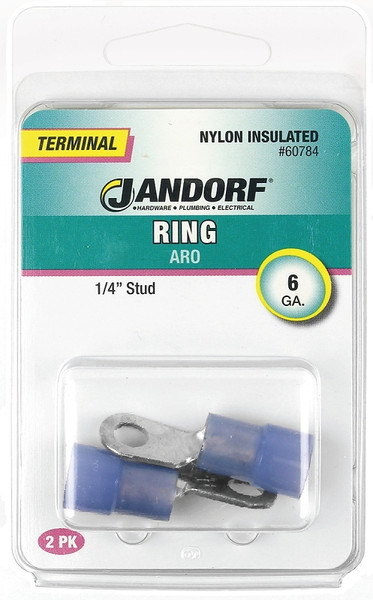 Jandorf 60784 Ring Terminal, 6 AWG Wire, 1/4 in Stud, Nylon Insulation, Copper Contact, Blue [SKU: ORG3399391]