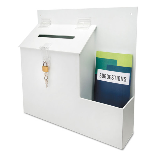 Suggestion Box Literature Holder with Locking Top, 13.75 x 3.63 x 13.94, Plastic, White [SKU: DEF79803]