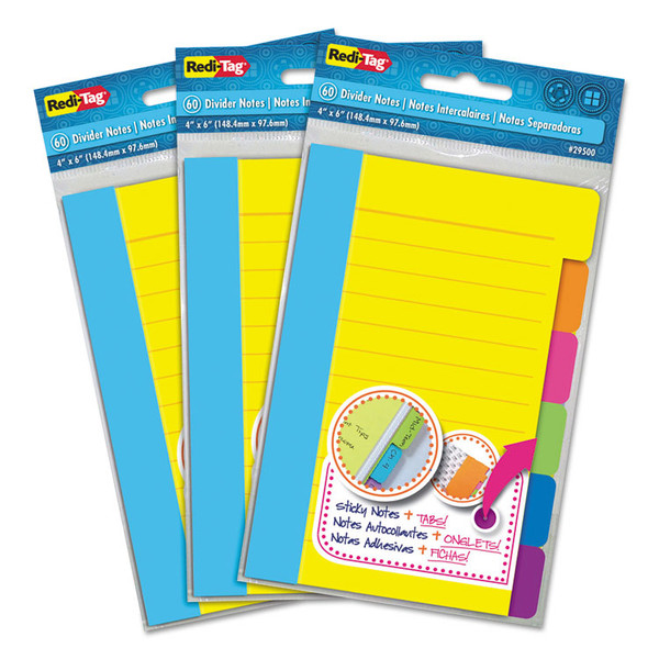 Divider Sticky Notes, 6-Tab Sets, Note Ruled, 4" x 6", Assorted Colors, 60 Sheets/Set, 3 Sets/Box [SKU: RTG10245]