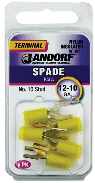 Jandorf 60841 Spade Terminal, 600 V, 12 to 10 AWG Wire, #10 Stud, Nylon Insulation, Copper Contact, Yellow [SKU: ORG3400371]