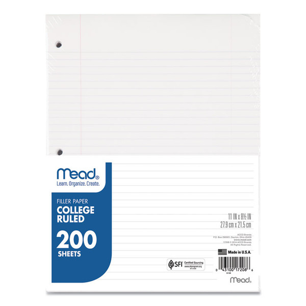 Filler Paper, 3-Hole, 8.5 x 11, College Rule, 200/Pack [SKU: MEA17208]