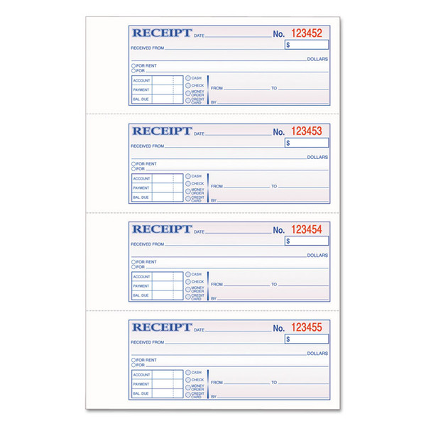 TOPS 3-Part Hardbound Receipt Book, Three-Part Carbonless, 7 x 2.75, 4 Forms/Sheet, 200 Forms Total [SKU: ABFTCH1185]