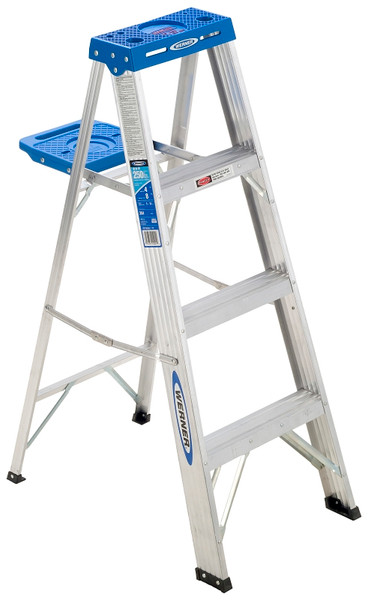 WERNER 364 Step Ladder, 8 ft Max Reach H, 3-Step, 250 lb, Type I Duty Rating, 6 in D Step, Aluminum/Plastic, Silver [SKU: ORG7345291]