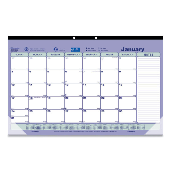 Monthly Desk Pad Calendar, 17.75 x 10.88, White/Blue/Green Sheets, Black Binding, Clear Corners, 12-Month (Jan to Dec): 2024 [SKU: REDC181700]