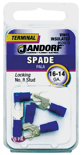 Jandorf 60919 Spade Terminal, 600 V, 16 to 14 AWG Wire, #8 Stud, Vinyl Insulation, Copper Contact, Blue [SKU: ORG3401254]