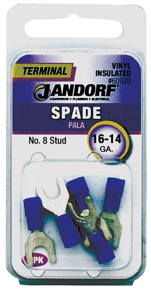 Jandorf 60920 Spade Terminal, 600 V, 16 to 14 AWG Wire, #8 Stud, Vinyl Insulation, Copper Contact, Blue [SKU: ORG3401262]