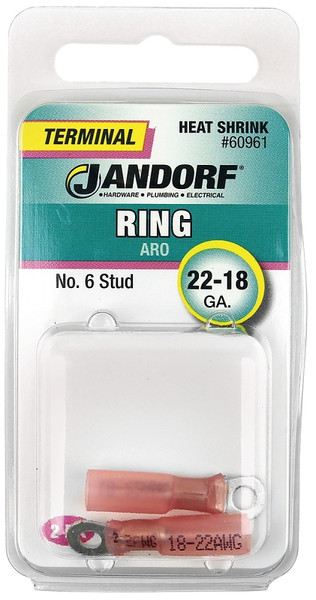 Jandorf 60961 Ring Terminal, 22 to 18 AWG Wire, #6 Stud, Pink [SKU: ORG3401718]