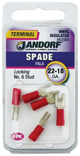 Jandorf 60984 Spade Terminal, 600 V, 22 to 18 AWG Wire, #6 Stud, Copper Contact, Red [SKU: ORG3401981]