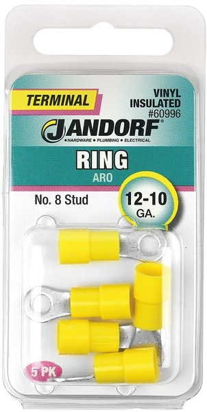 Jandorf 60996 Ring Terminal, 12 to 10 AWG Wire, #8 Stud, Vinyl Insulation, Copper Contact, Yellow [SKU: ORG3402112]