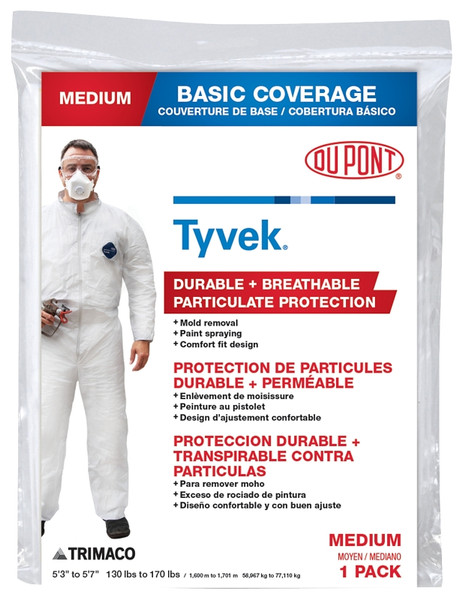 Trimaco 14121 Professional Painter's Coveralls, M, Zipper Closure, Tyvek, White [SKU: ORG7854771]