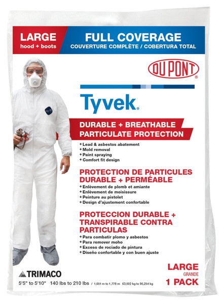 Trimaco COLORmaxx 141222/12 Protective Coveralls with Hood and Boots, L, Zipper Closure, Tyvek, White [SKU: ORG1800861]