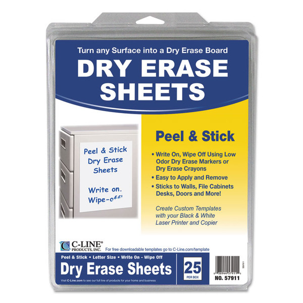 Peel and Stick Dry Erase Sheets, 8 1/2 x 11, White, 25 Sheets/Box [SKU: CLI57911]