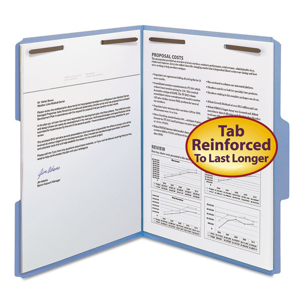 Top Tab Colored Fastener Folders, 0.75" Expansion, 2 Fasteners, Letter Size, Blue Exterior, 50/Box [SKU: SMD12040]