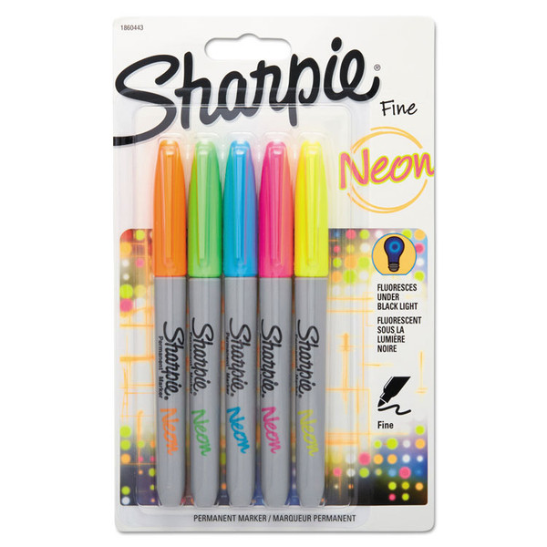 Neon Permanent Markers, Fine Bullet Tip, Assorted Colors, 5/Pack [SKU: SAN1860443]