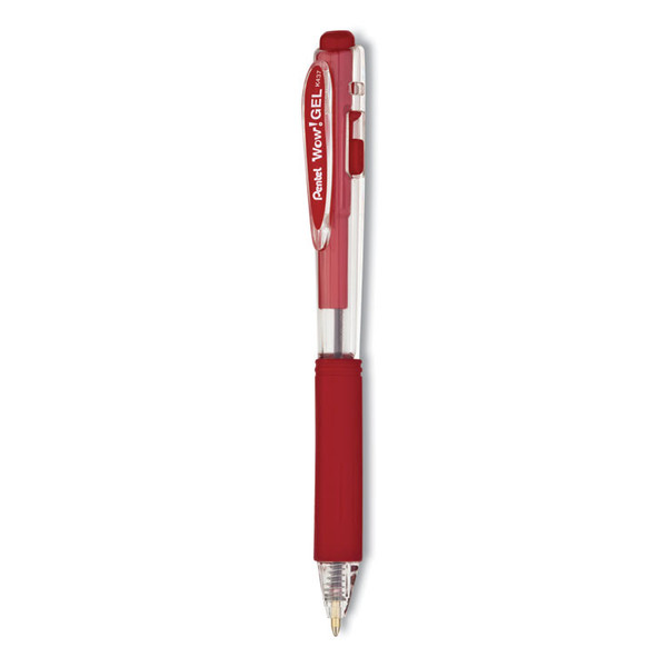 WOW! Gel Pen, Retractable, Medium 0.7 mm, Red Ink, Clear/Red Barrel, Dozen [SKU: PENK437B]