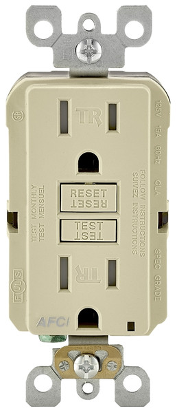 Leviton AFTR1-KI AFCI Duplex Receptacle, 2 -Pole, 15 A, 125 VAC, Back, Grounding, Side Wiring, NEMA: NEMA 5-15R [SKU: ORG4811402]
