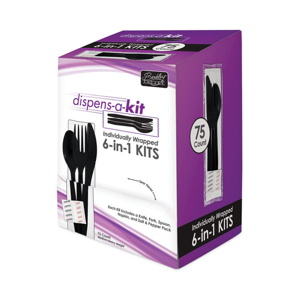Dispens-a-Kit, Individually Wrapped, Mediumweight, Knife/Fork/Spoon, Black, 75/Box [SKU: BSQBEP02069]