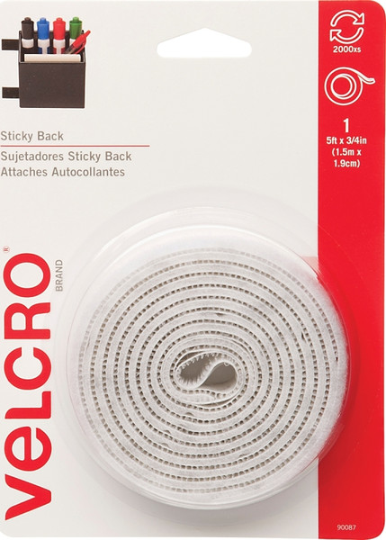 VELCRO Brand 90087 Fastener, 3/4 in W, 5 ft L, Nylon, White, 5 lb, Rubber Adhesive [SKU: ORG6796437]