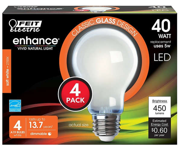 Feit Electric A1940/927CA/FIL/4 LED Bulb, General Purpose, A19 Lamp, 40 W Equivalent, E26 Lamp Base, Dimmable [SKU: ORG7413446]
