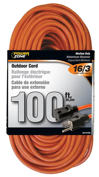 PowerZone Extension Cord, 16 AWG Cable, 5-15P Grounded Plug, 5-15R Grounded Receptacle, 100 ft L, 10 A, 125 V [SKU: ORG4329462]