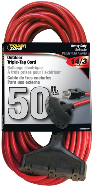PowerZone Extension Cord, 14 AWG Cable, 50 ft L, 15 A, 125 V, Red [SKU: ORG9820317]