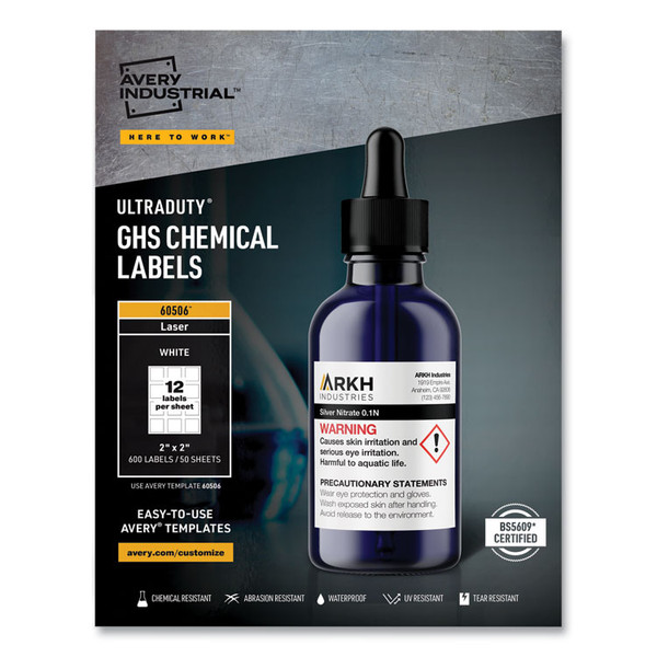 UltraDuty GHS Chemical Waterproof and UV Resistant Labels, 2 x 2, White, 12/Sheet, 50 Sheets/Box [SKU: AVE60506]