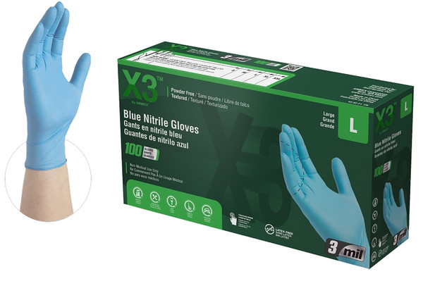 AMMEX X3 Series X346100 Non-Sterile Disposable Gloves, L, Nitrile, Powder-Free, Blue [SKU: ORG7824428]