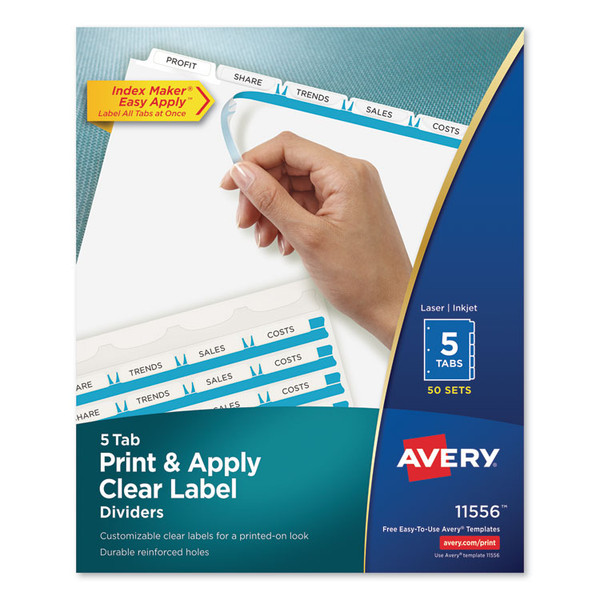 Print and Apply Index Maker Clear Label Dividers, 5-Tab, White Tabs, 11 x 8.5, White, 50 Sets [SKU: AVE11556]