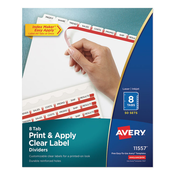 Print and Apply Index Maker Clear Label Dividers, 8-Tab, 11 x 8.5, White, 50 Sets [SKU: AVE11557]
