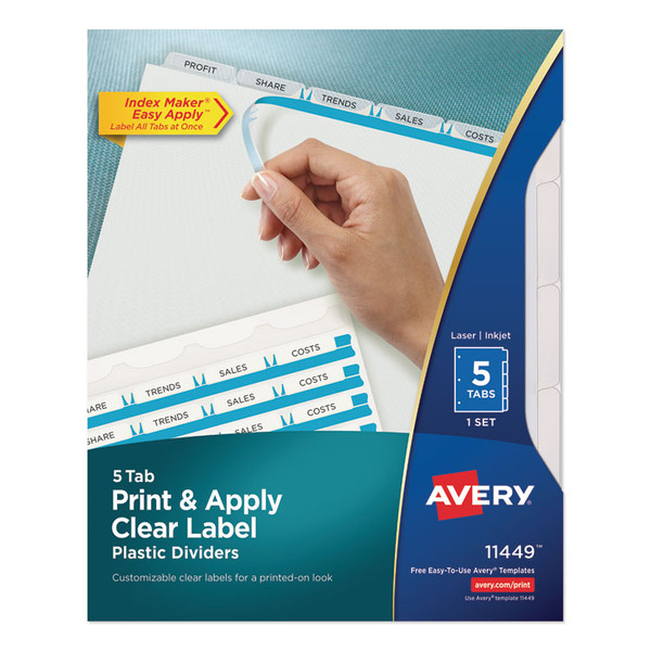 Print and Apply Index Maker Clear Label Plastic Dividers w/Printable Label Strip, 5-Tab, 11 x 8.5, Frosted Clear Tabs, 1 Set [SKU: AVE11449]