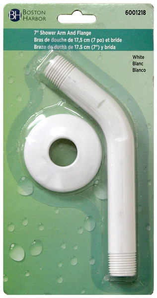 Boston Harbor B1140WH Shower Arm with Flange, 1/2-14 NPT in Connection, Threaded, 7 in L, Plastic [SKU: ORG6001218]