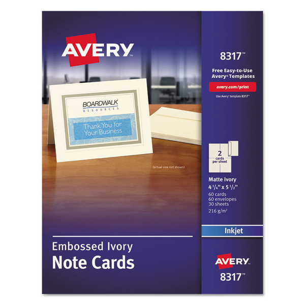 Note Cards with Matching Envelopes, Inkjet, 80 lb, 4.25 x 5.5, Embossed Matte Ivory, 60 Cards, 2 Cards/Sheet, 30 Sheets/Pack [SKU: AVE8317]