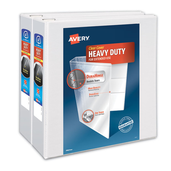 Heavy-Duty Non Stick View Binder with DuraHinge and Slant Rings, 3 Rings, 4" Capacity, 11 x 8.5, White, 2/Pack [SKU: AVE79875]