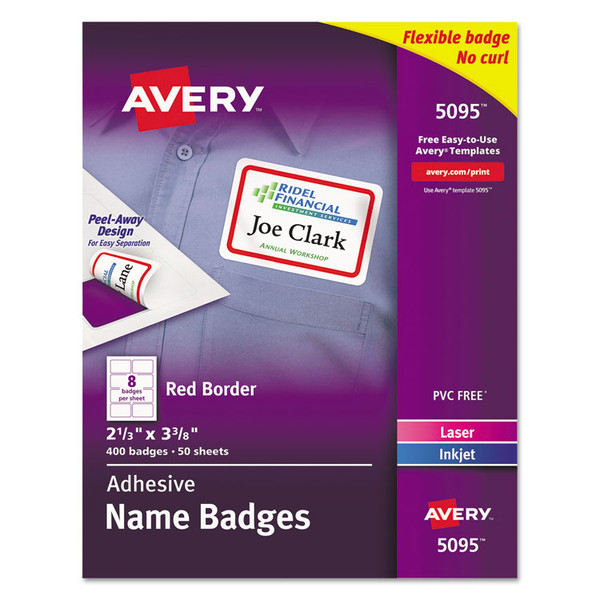 Flexible Adhesive Name Badge Labels, 3.38 x 2.33, White/Red Border, 400/Box [SKU: AVE5095]