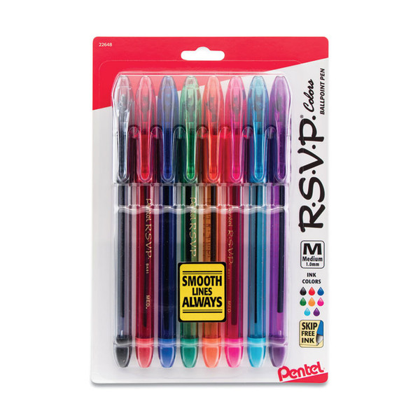 R.S.V.P. Ballpoint Pen, Stick, Medium 1 mm, Assorted Ink and Barrel Colors, 8/Pack [SKU: PENBK91CRBP8M]